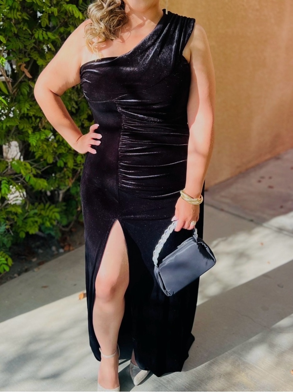 Fashion Nova Black One-Shoulder Ruched Gown with Thigh Slit